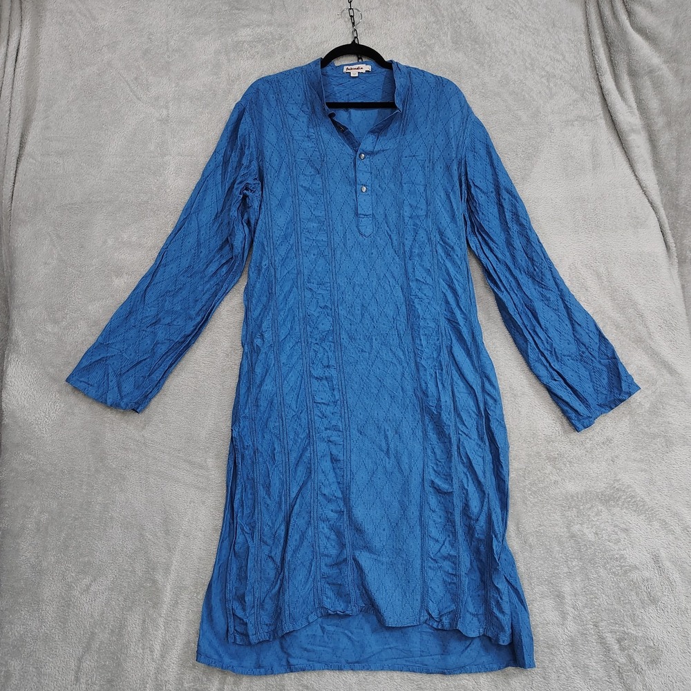 Fabindia Kurta Dress Blue Ikat‎ With Buttons Silk Blend Soft Flowy Pockets